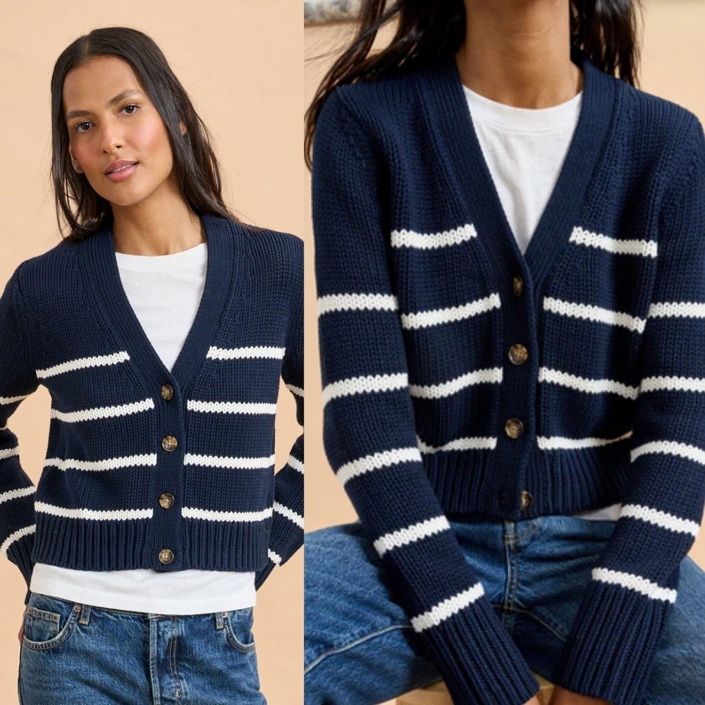 La Ligne Mini Marina Cardigan Medium Navy Blue White Stripe‎ Cropped Sweater